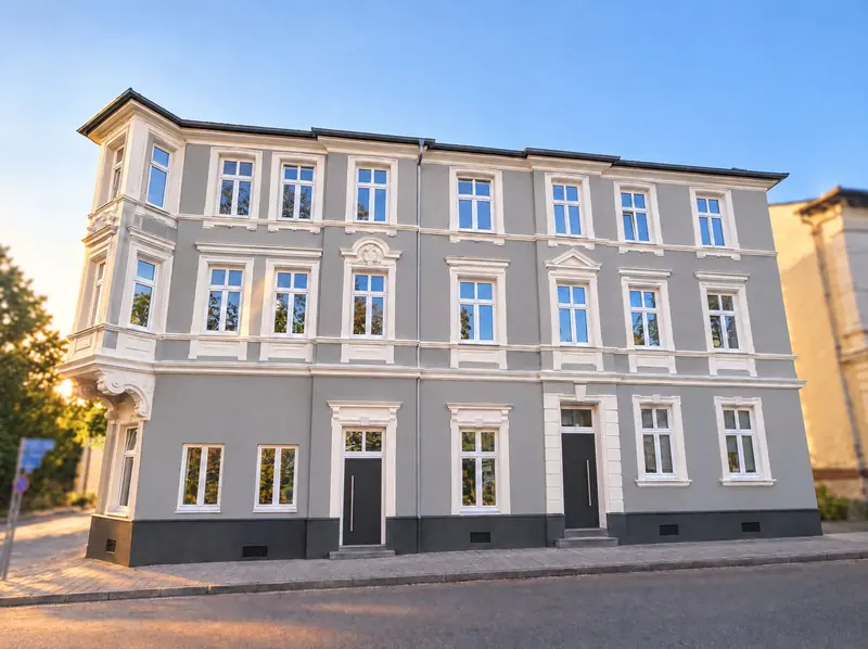 Saniertes Gründerzeit-Eckhaus mit grauer Fassade und weißem Stuck